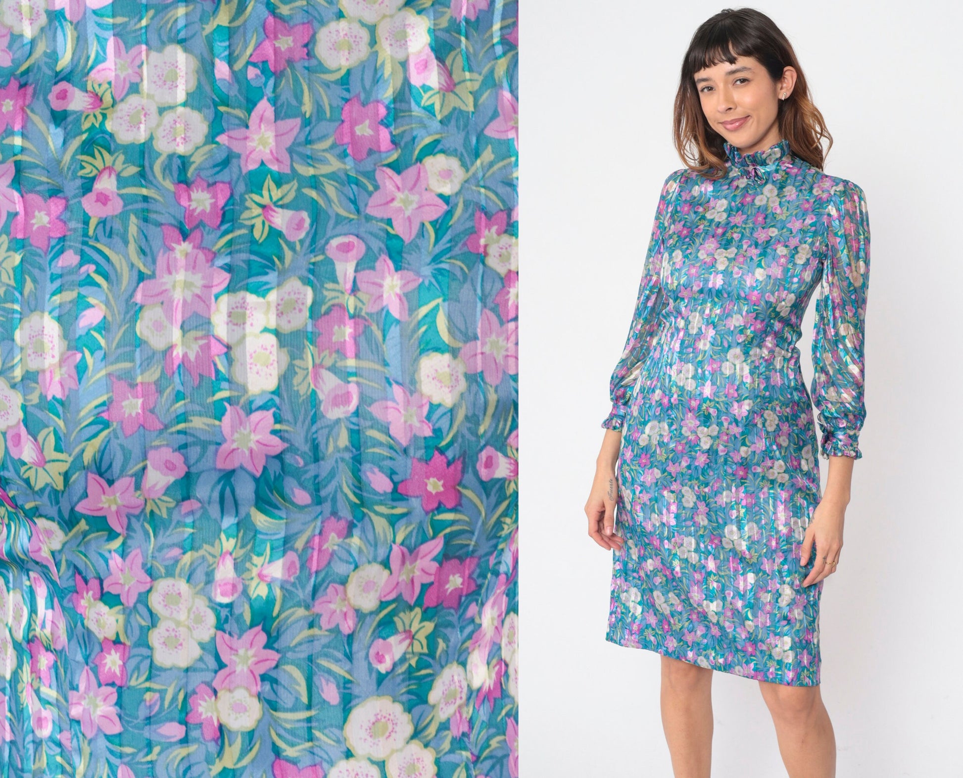 70s Blue Floral Silk Dress Long Sleeve Mock Neck Ruffle Knee Length Small S