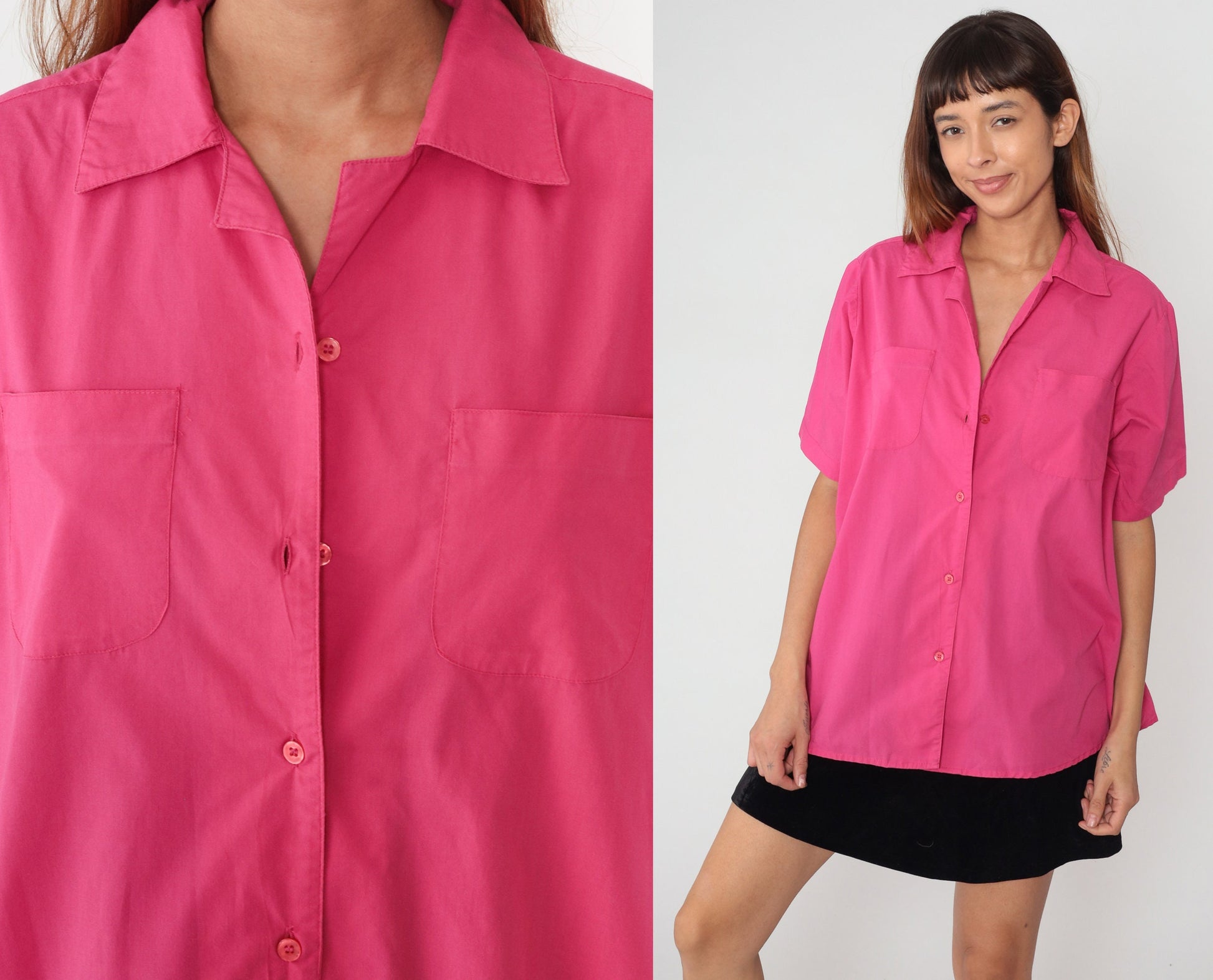 80s Pink Button-Up Blouse Short Sleeve Collared Shirt Cotton Blend Extra Large