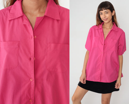 80s Pink Button-Up Blouse Short Sleeve Collared Shirt Cotton Blend Extra Large