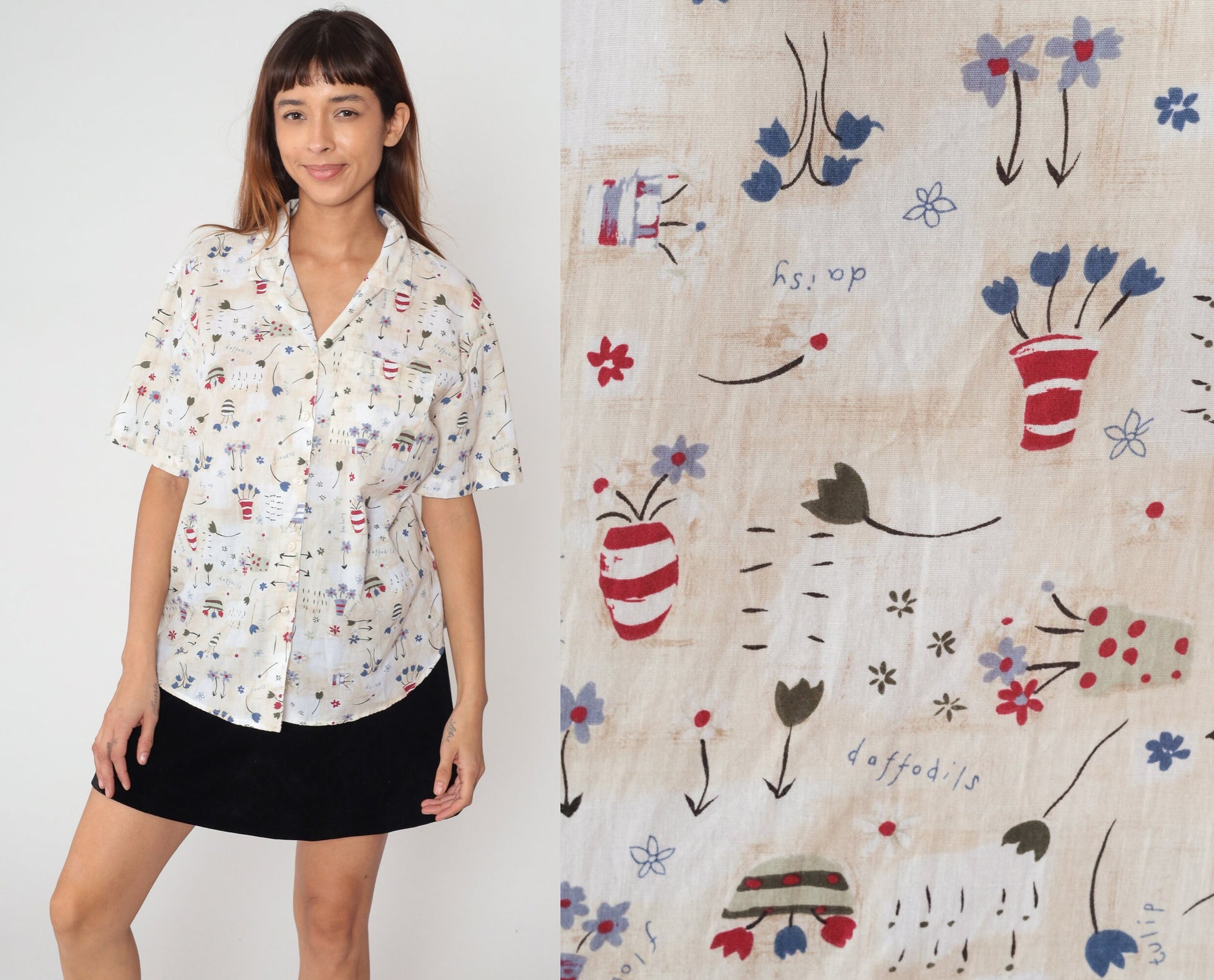 90s Floral Flowerpot Button-Up Blouse Beige Short Sleeve Collared Top Large L