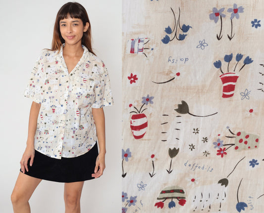 90s Floral Flowerpot Button-Up Blouse Beige Short Sleeve Collared Top Large L