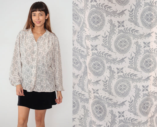 80s Worthington Floral Mandala Vine Print Button-Up Blouse Grey White Extra Large