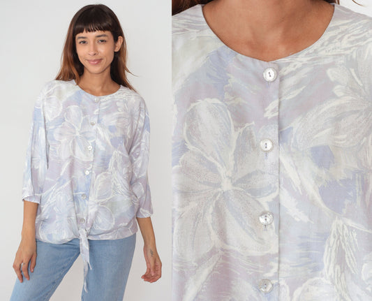 80s S.L. Fashions Floral Tie-Front Blouse Dolman Sleeve Purple Extra Large
