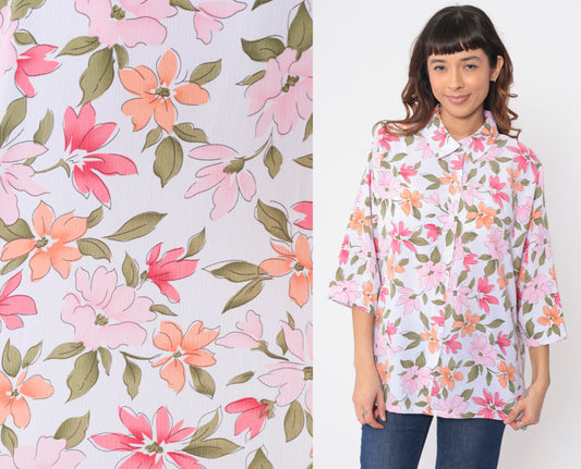 90s Bon Worth Floral Button-Up Blouse Pink Orange 3/4 Sleeve Large Petite