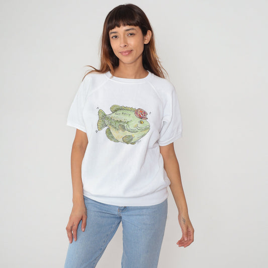80s Gone Fishing Cartoon Graphic Raglan Sweatshirt White Large