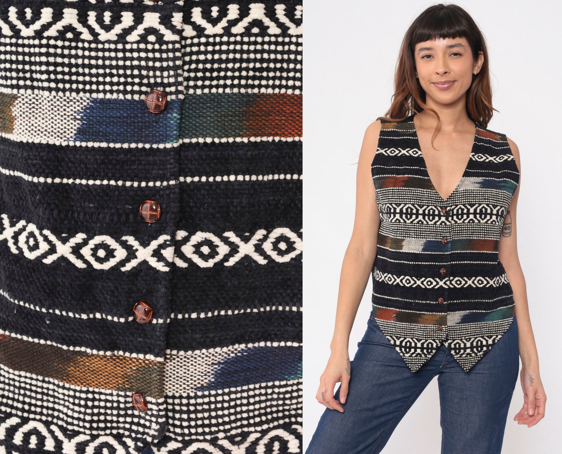 90s Jane Ashley Southwestern Striped Vest Ikat Woven Black White Medium