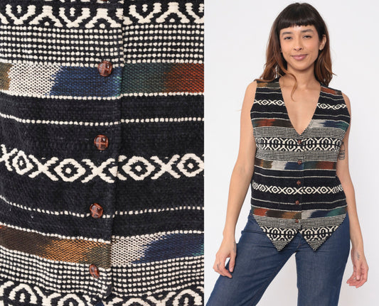 90s Jane Ashley Southwestern Striped Vest Ikat Woven Black White Medium