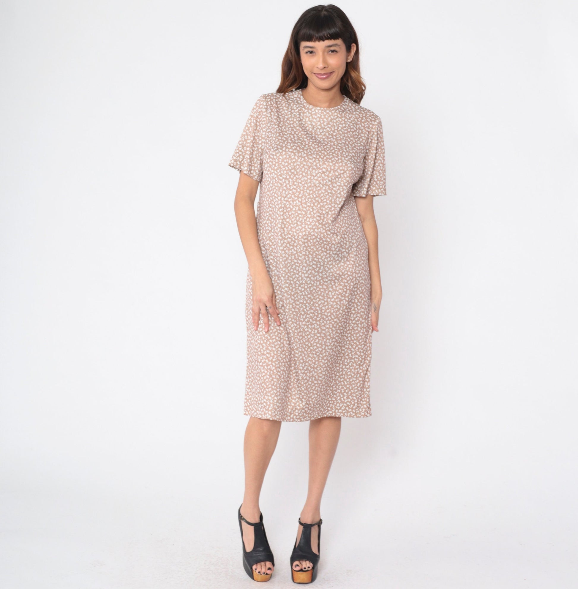 70s Tulip Floral Midi Dress Light Brown Shift Short Sleeve Large