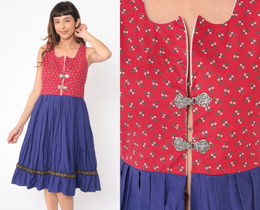 70s Dirndl Dress Handmade Calico Floral Midi Red Blue High Waist Medium