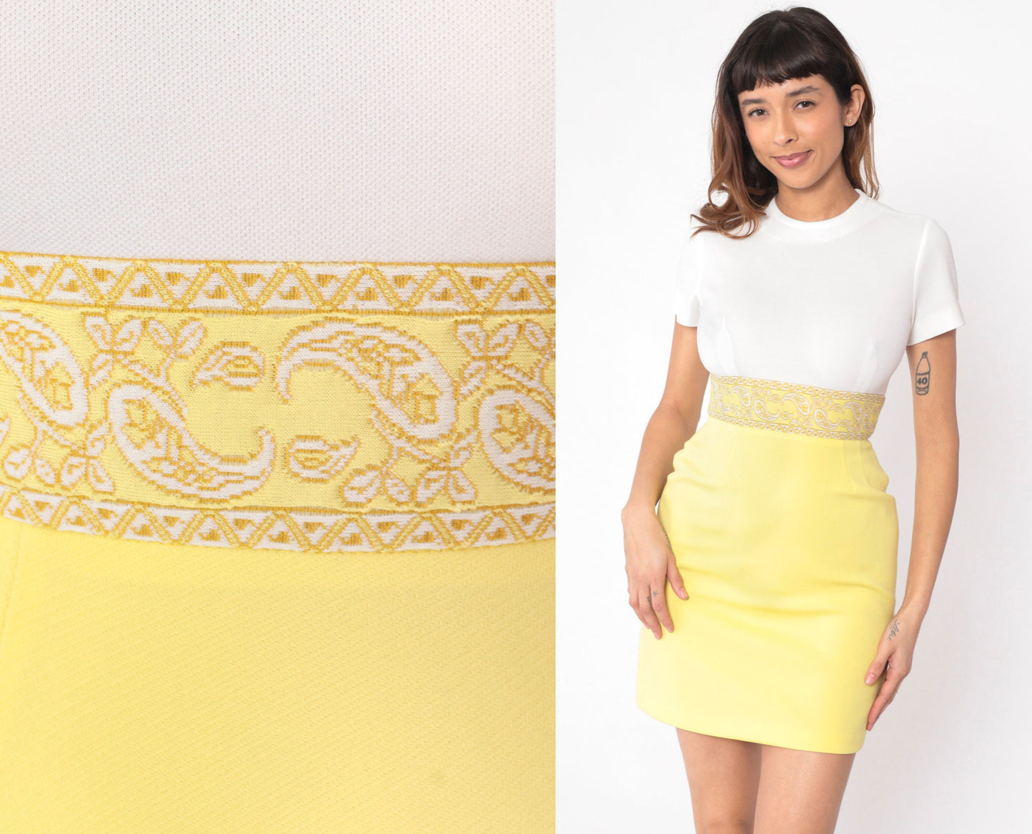 60s White Yellow Paisley Empire Waist Mini Dress Short Sleeve Extra Small XS