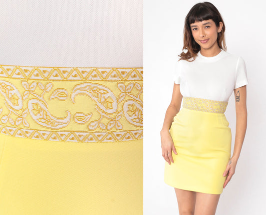 60s White Yellow Paisley Empire Waist Mini Dress Short Sleeve Extra Small XS