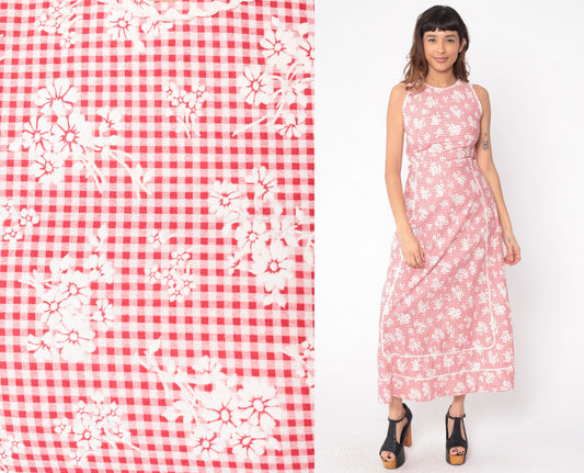 70s Gingham Floral Maxi Dress Red White Sleeveless Ric Rac Trim Extra Small