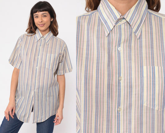 70s Fleetline Striped Button-Up Shirt Pointed Collar Multicolor Medium