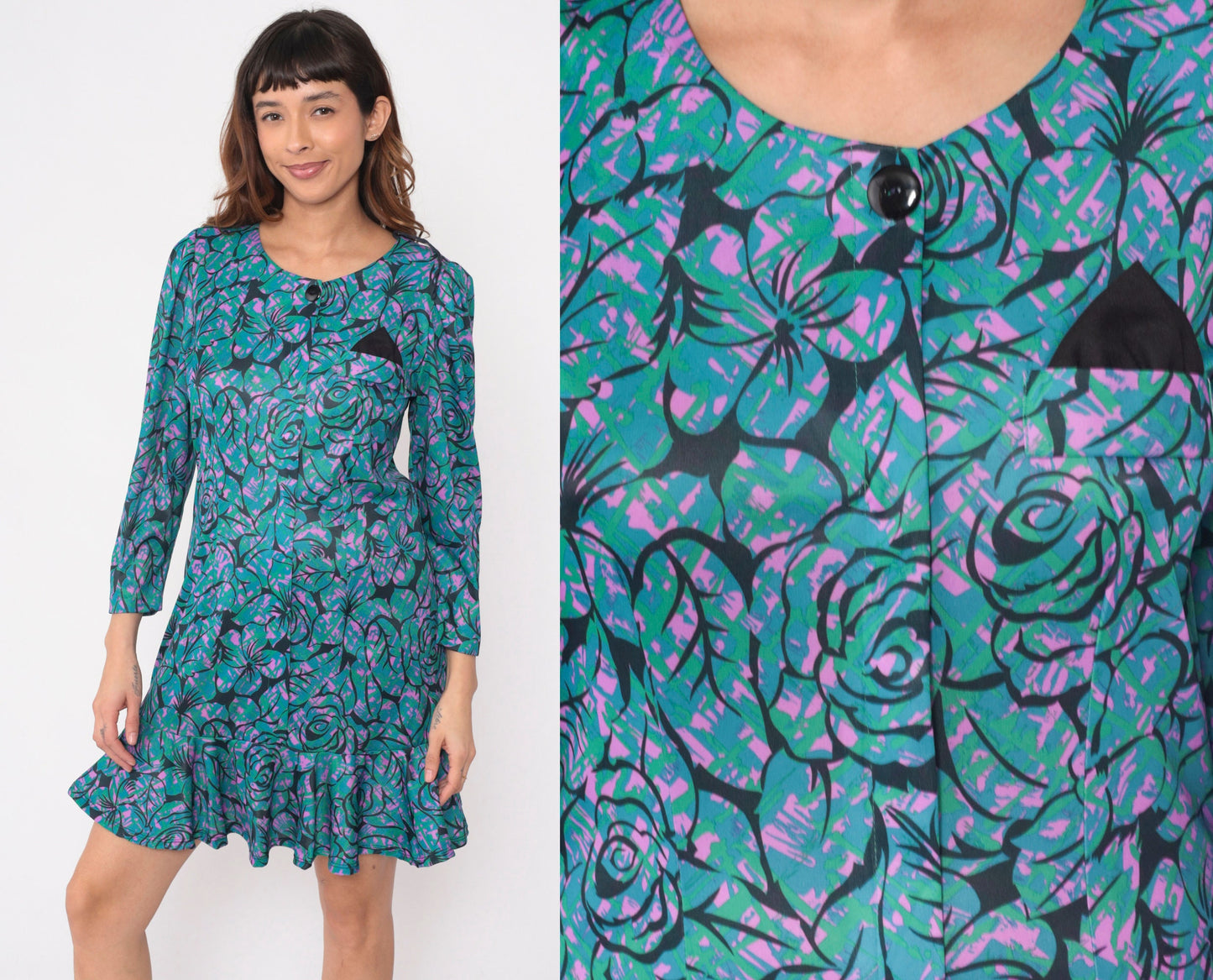 80s Floral Mini Dress Puff Sleeve Drop Waist Black Tropical Print Medium