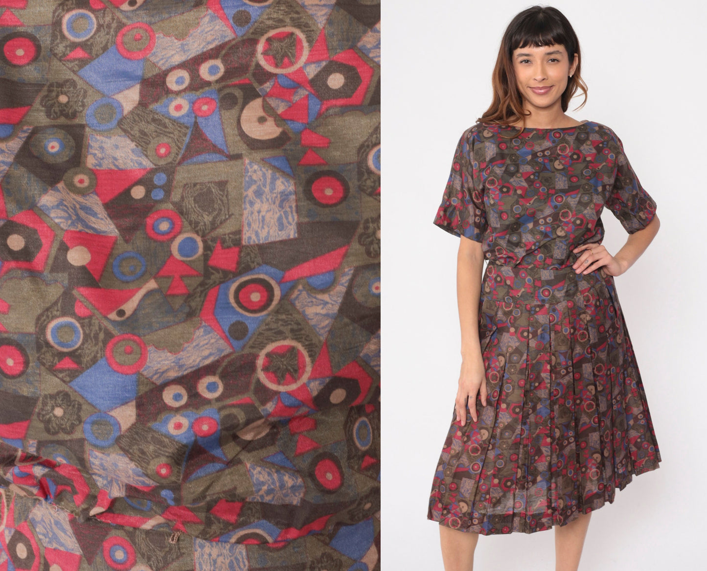 60s R&K Originals Geometric Floral Midi Dress High Waisted Pleated Cotton Medium