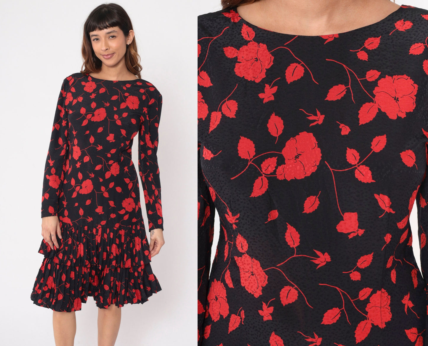 90s Liz Claiborne Black Floral Dress Red Flowers Low V Back Knee Length Medium