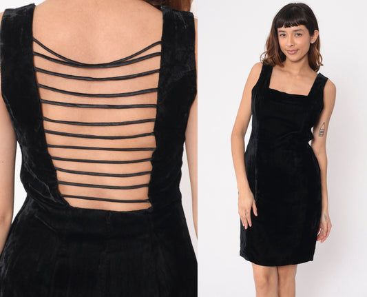 90s Black Velvet Mini Dress Square Neckline Strappy Open Back Medium