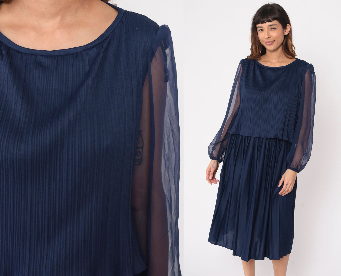70s Navy Pleated Midi Dress Layered Bodice Sheer Chiffon Sleeves Large L
