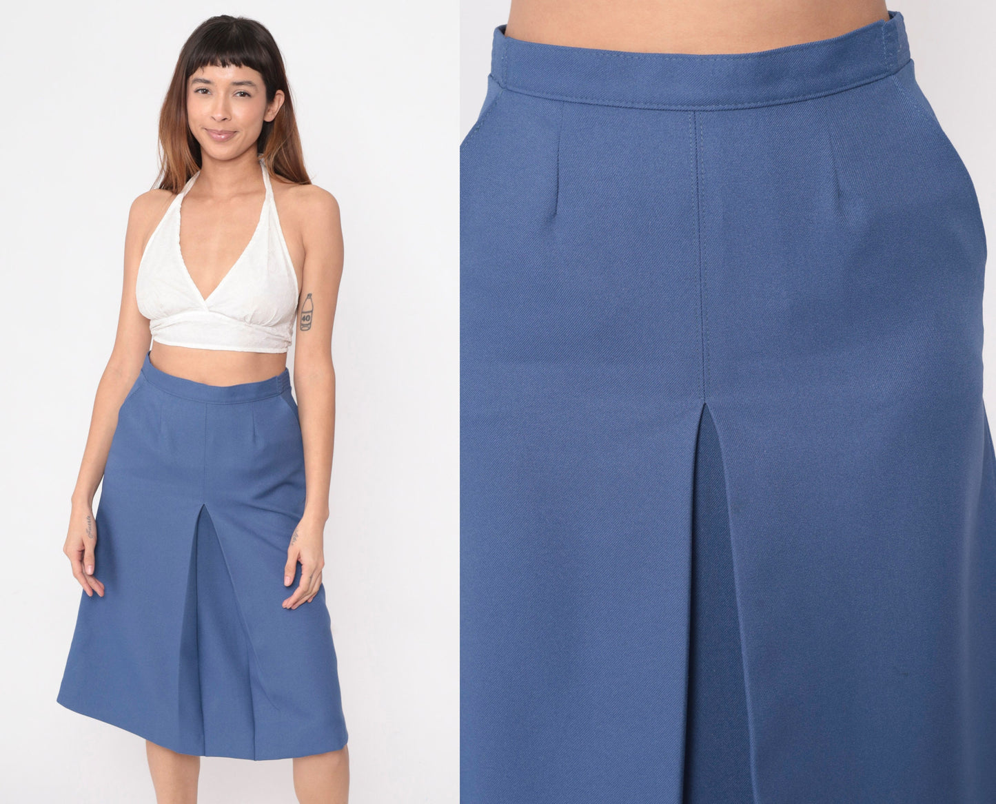 70s Dark Periwinkle Midi Skirt High Waisted Pleated A-Line Small