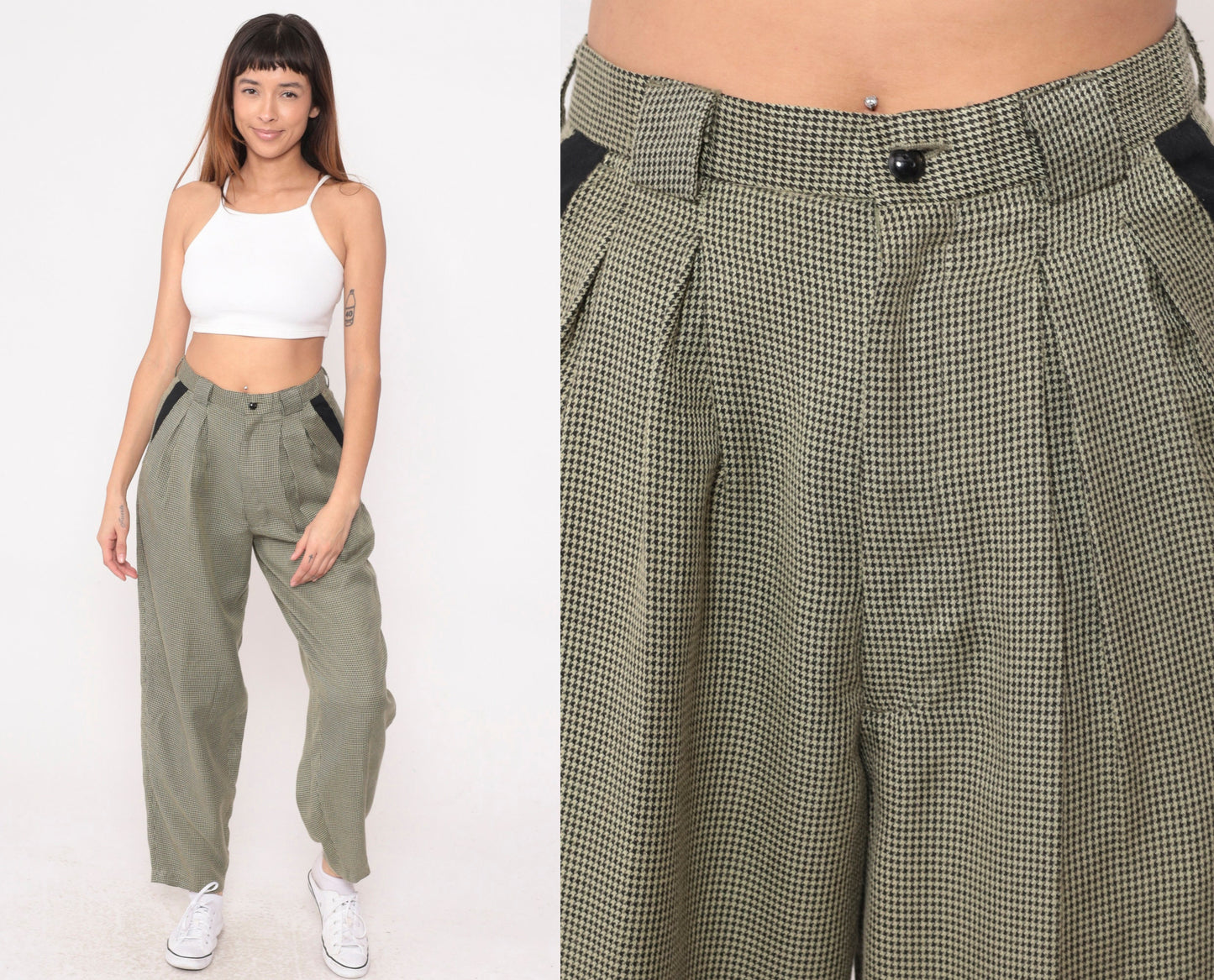 80s Houndstooth Tapered Trousers High Waist Pleated Black Yellow Small