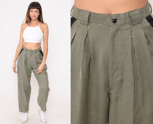 80s Houndstooth Tapered Trousers High Waist Pleated Black Yellow Small