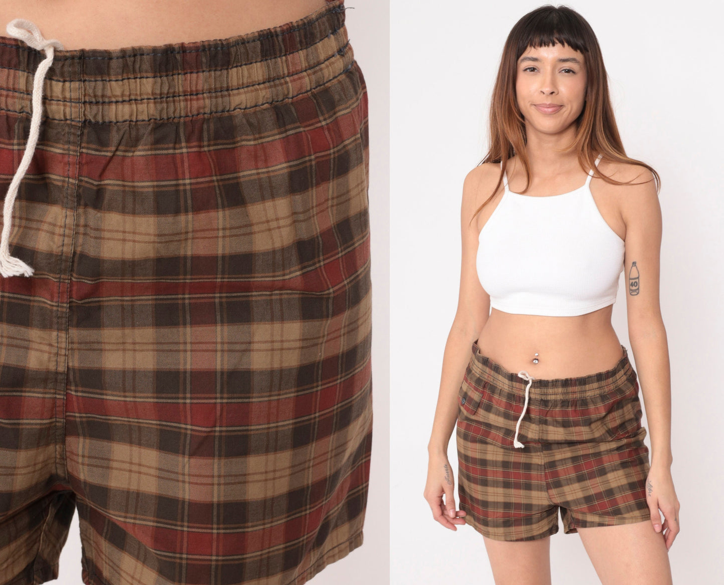 80s Brown Red Plaid Swim Trunks Drawstring Waist Men's Medium