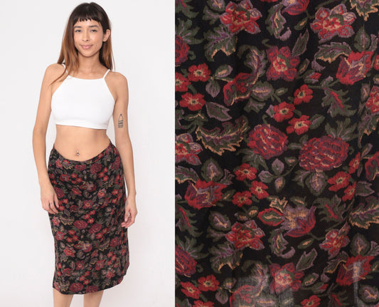 80s Floral Midi Skirt High Waisted Straight Pencil Black Red Green Small