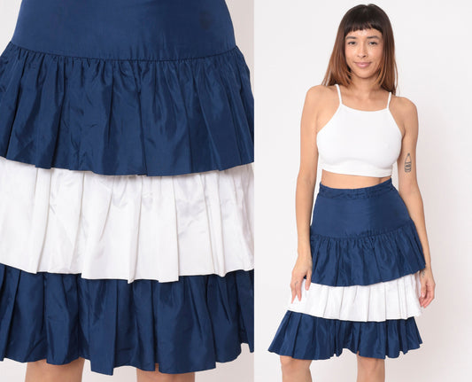 90s Tiered Midi Skirt Dark Blue White Color Block High Waist Small