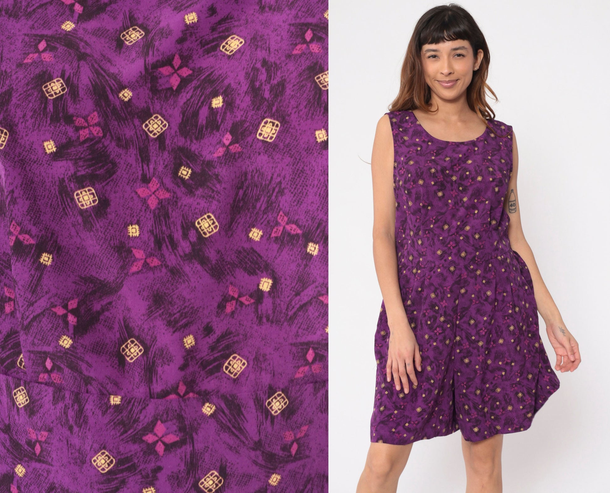 90s Kathie Lee Purple Geometric Leaf Print Romper Keyhole Back Medium Large