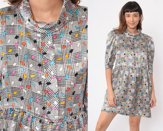 80s Charles Bianco Silk Mini Dress Black White Checkered Confetti Turtleneck Puff Sleeve Medium