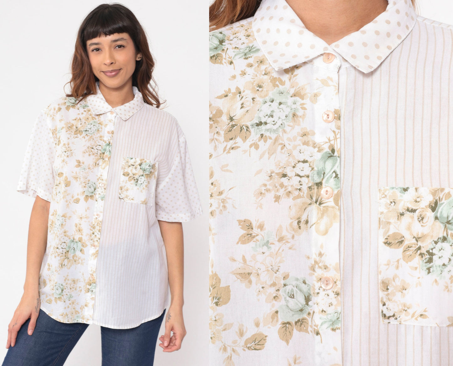 90s Kap & Co. Patchwork Floral Striped Button-Up Blouse White Extra Large XXL