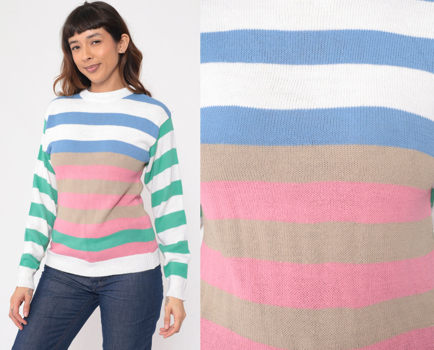 80s Colour Block Striped Crewneck Sweater White Pink Blue Green Extra Small