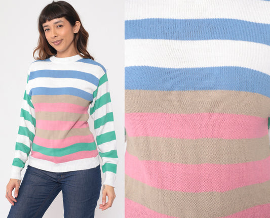 80s Colour Block Striped Crewneck Sweater White Pink Blue Green Extra Small