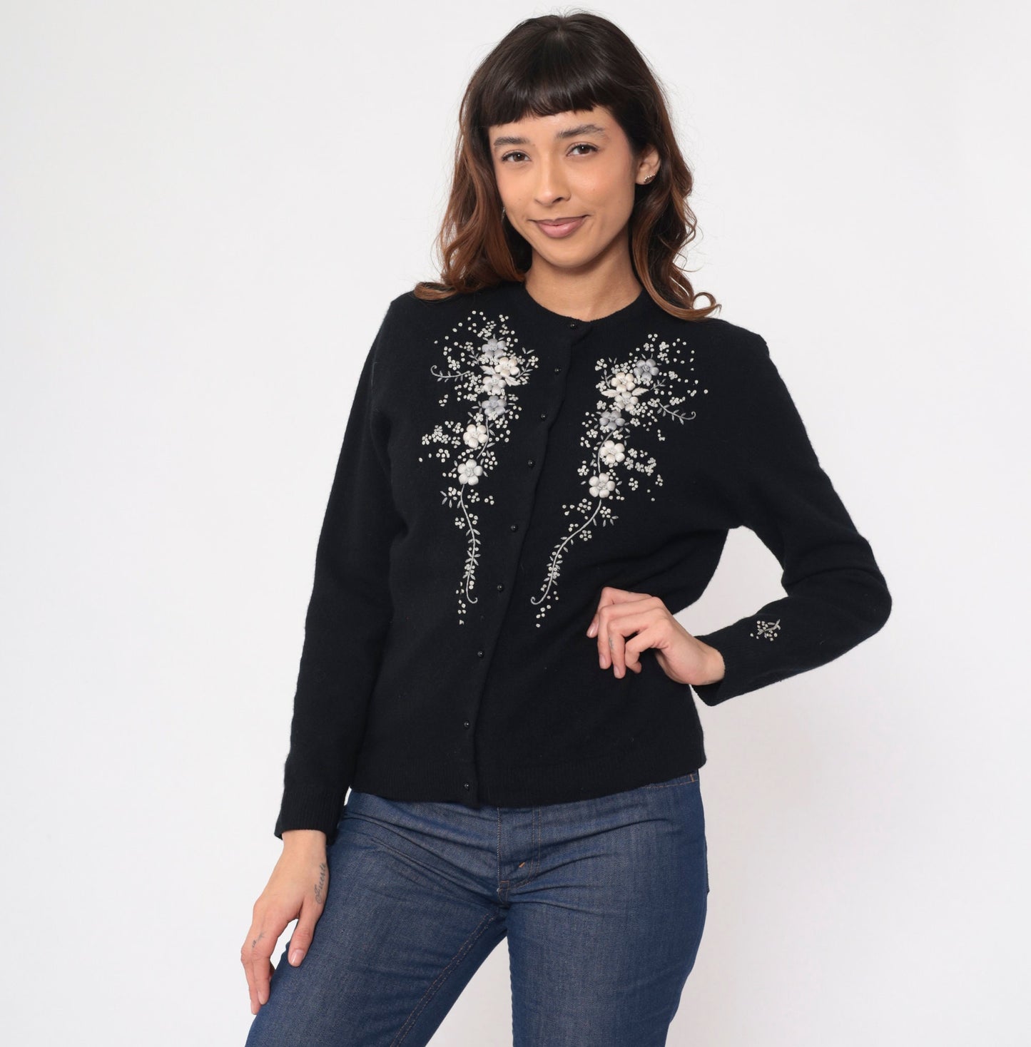 60s Black Cardigan Grey Floral Embroidered Button-Up Wool Blend Medium