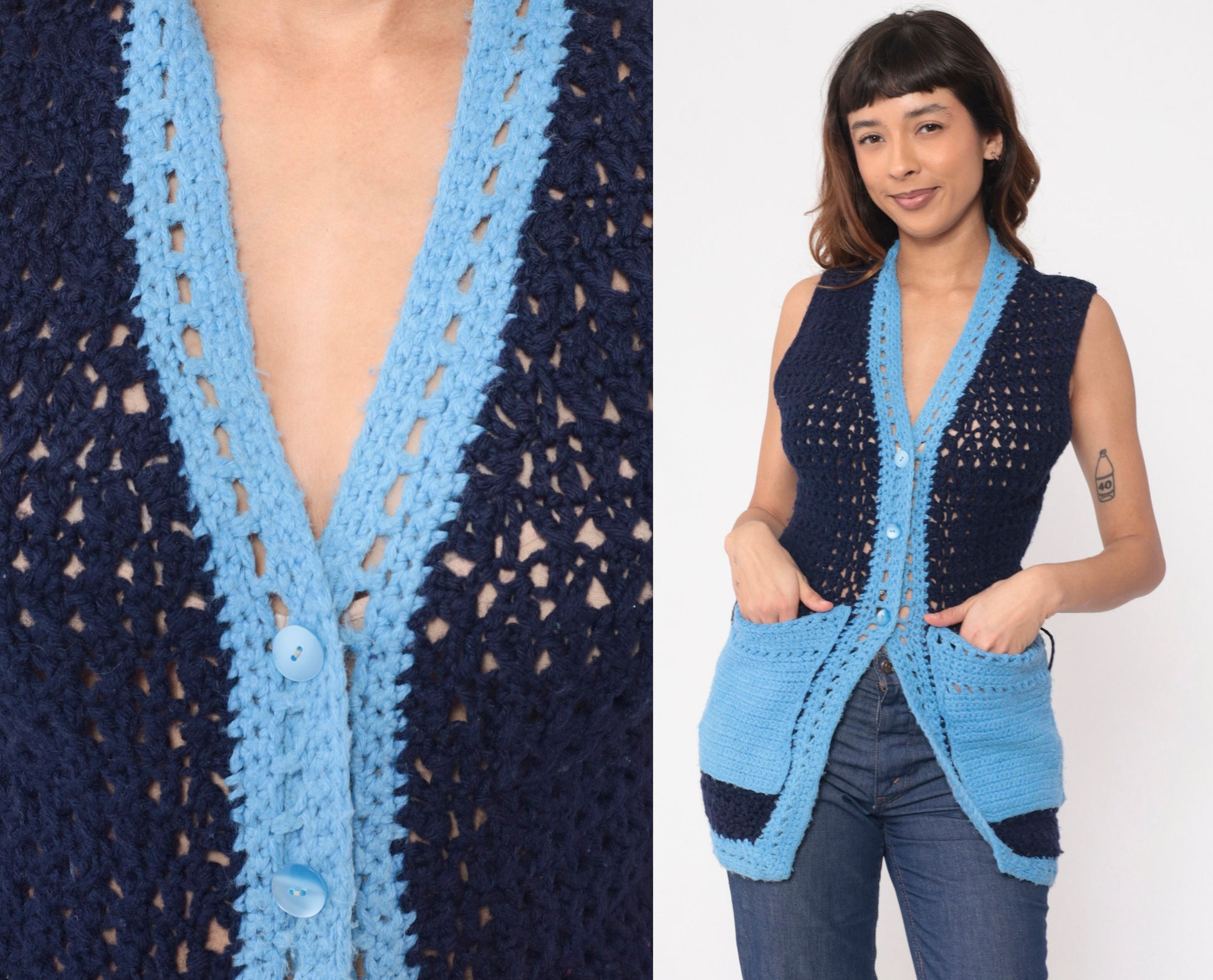 70s Navy Crochet Knit Vest Button-Up V-Neck Sheer Pockets Extra Small