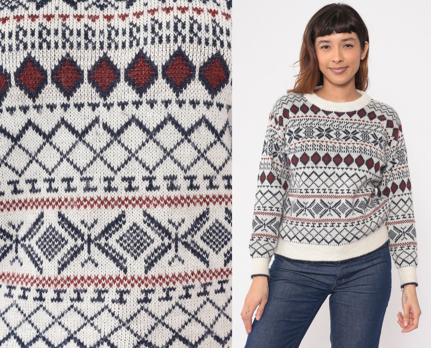 80s Fair Isle Snowflake Sweater White Navy Crewneck Pullover Extra Small