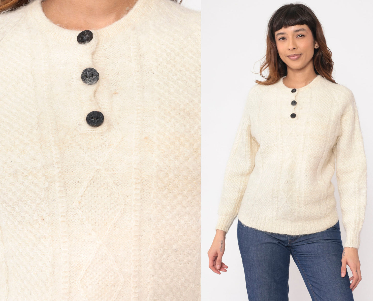 80s Aymara Alpaca Wool Cable Knit Sweater Cream Raglan Small S