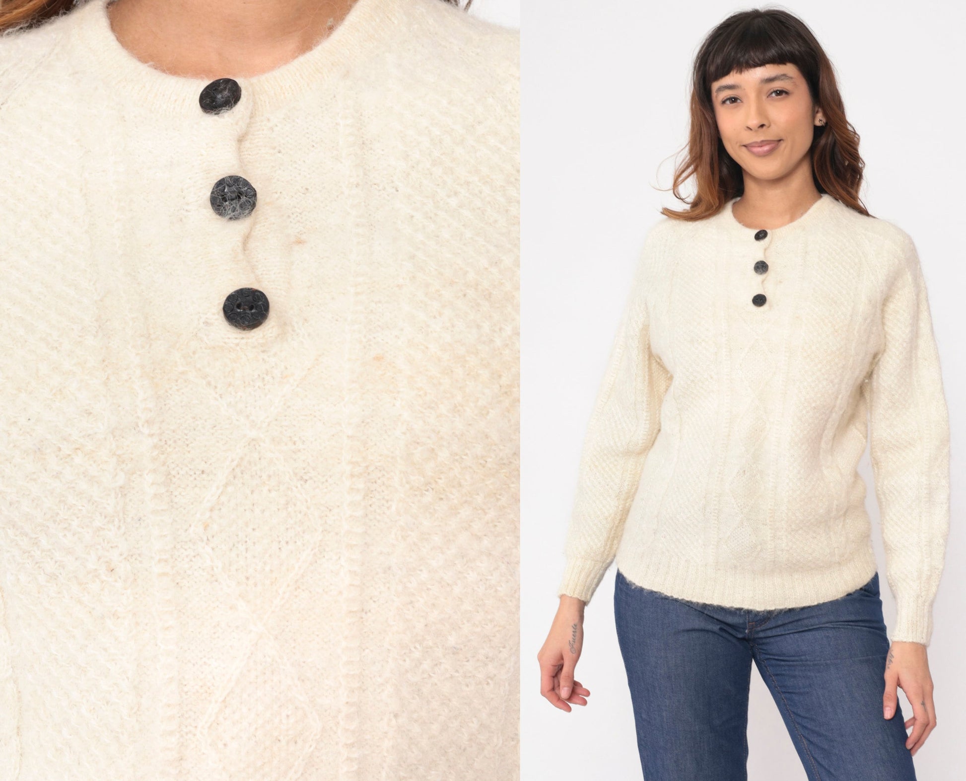 80s Aymara Alpaca Wool Cable Knit Sweater Cream Raglan Small S
