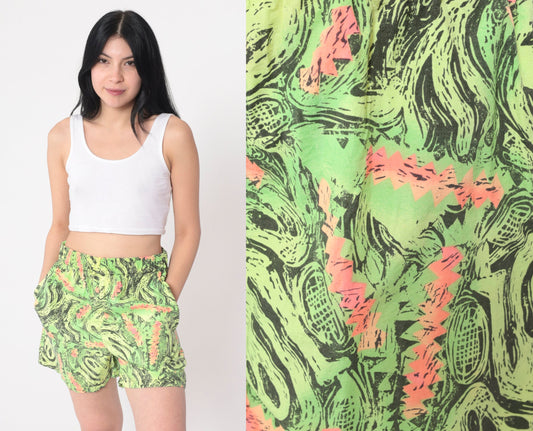 80s California Baggyz Neon Shorts Abstract Alien Print High Waist Medium