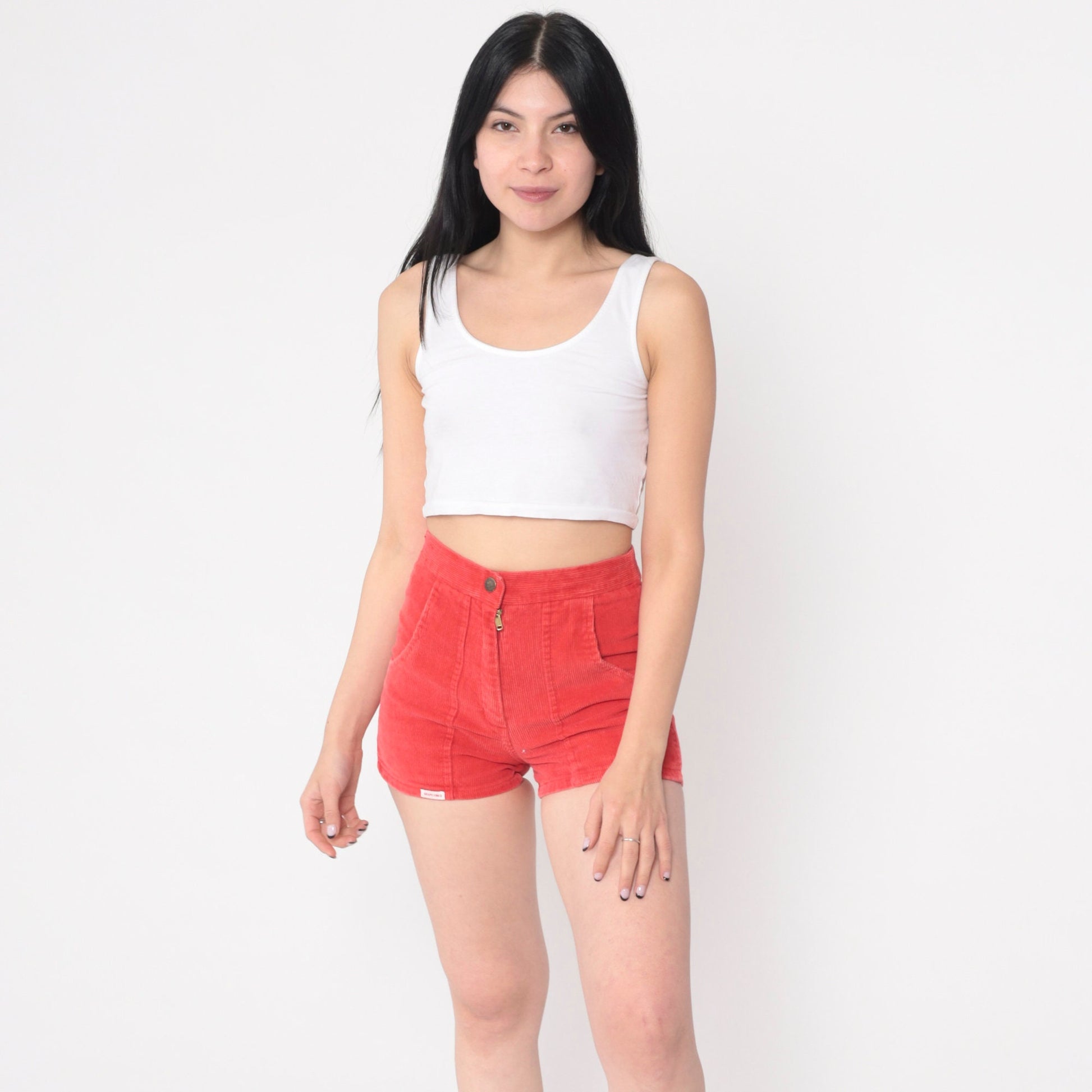 80s Red Corduroy Shorts High Waist Patch Pockets Zipper Fly Extra Small