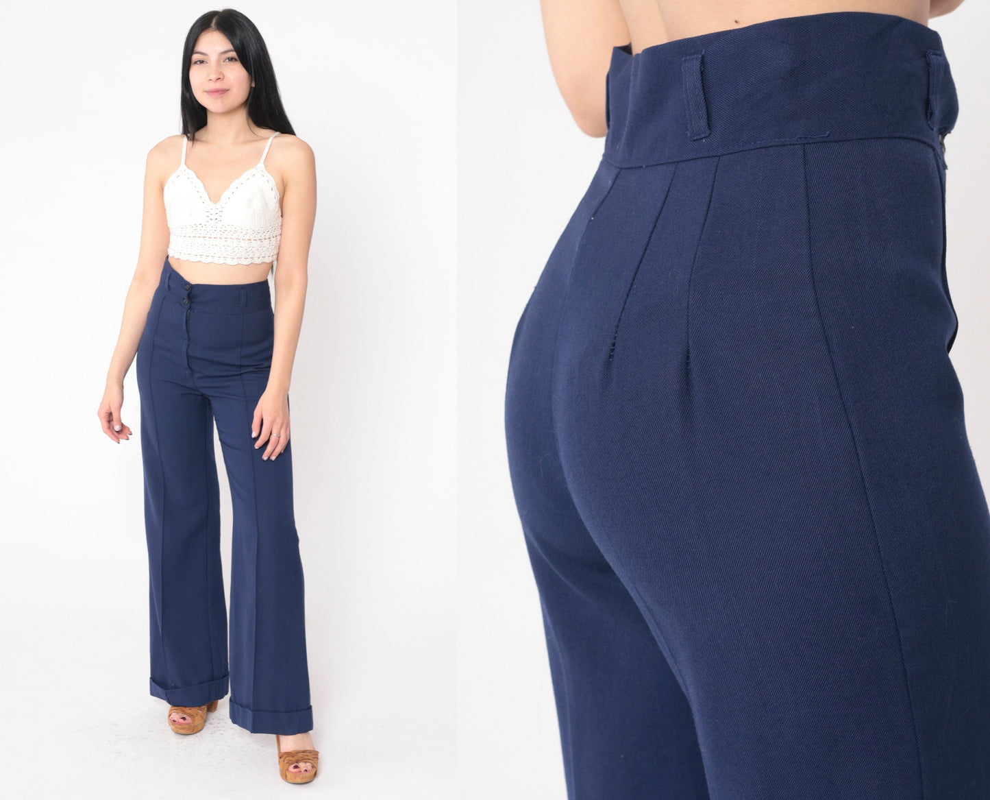 70s Navy Bell Bottom Trousers High Waist Cuffed Creased Slacks Small
