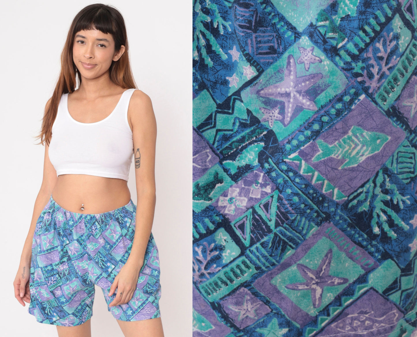 90s Tropical Fish Starfish Geometric Shorts High Waist Cotton Blue Purple Medium