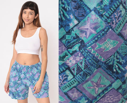 90s Tropical Fish Starfish Geometric Shorts High Waist Cotton Blue Purple Medium