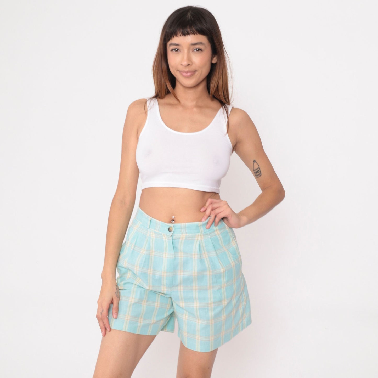 90s Plaid High-Waisted Shorts Aqua Blue Yellow Pleated Cotton Medium