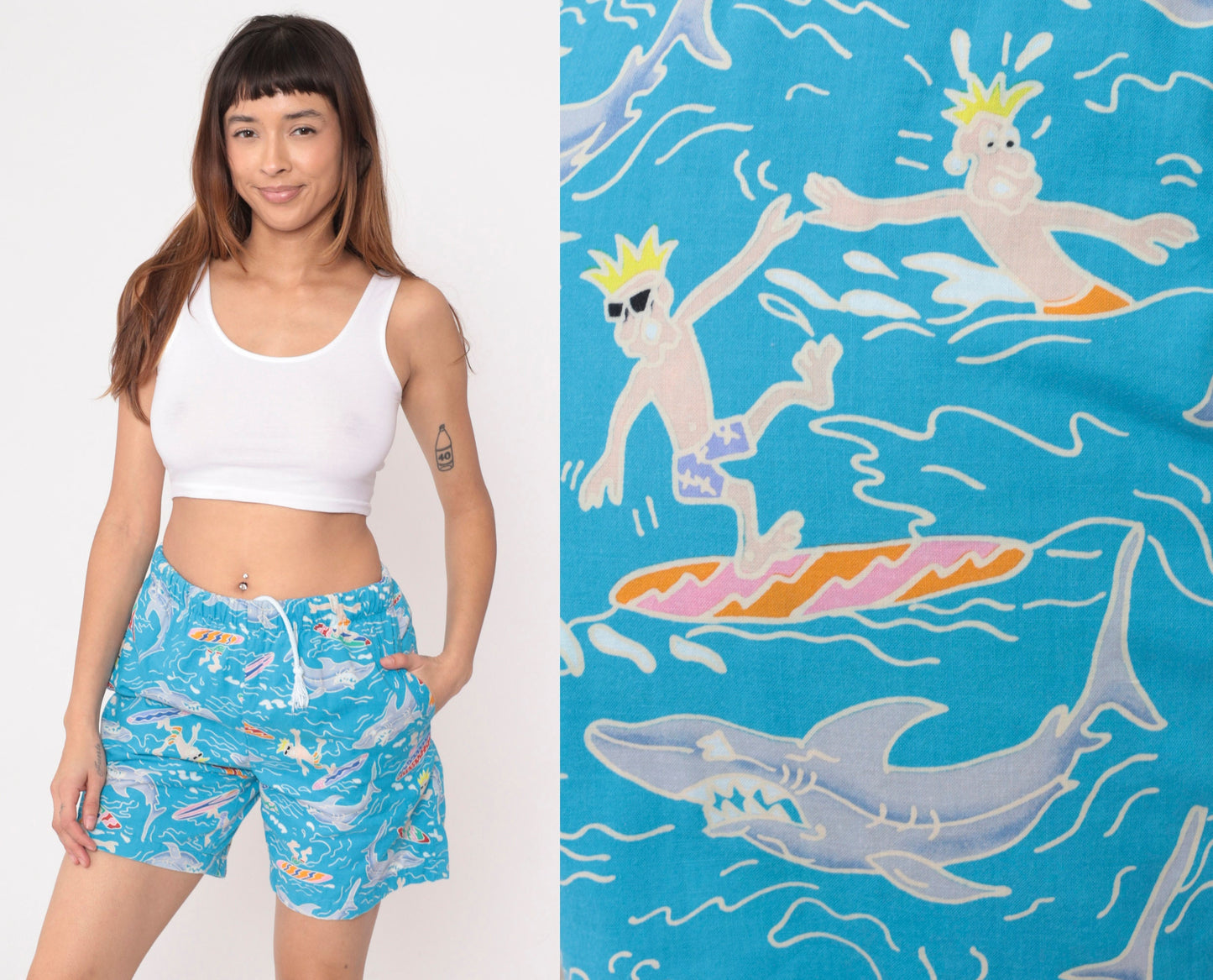 90s Kiwi Surf Shark Surfer Print Swim Shorts Blue Cotton Small
