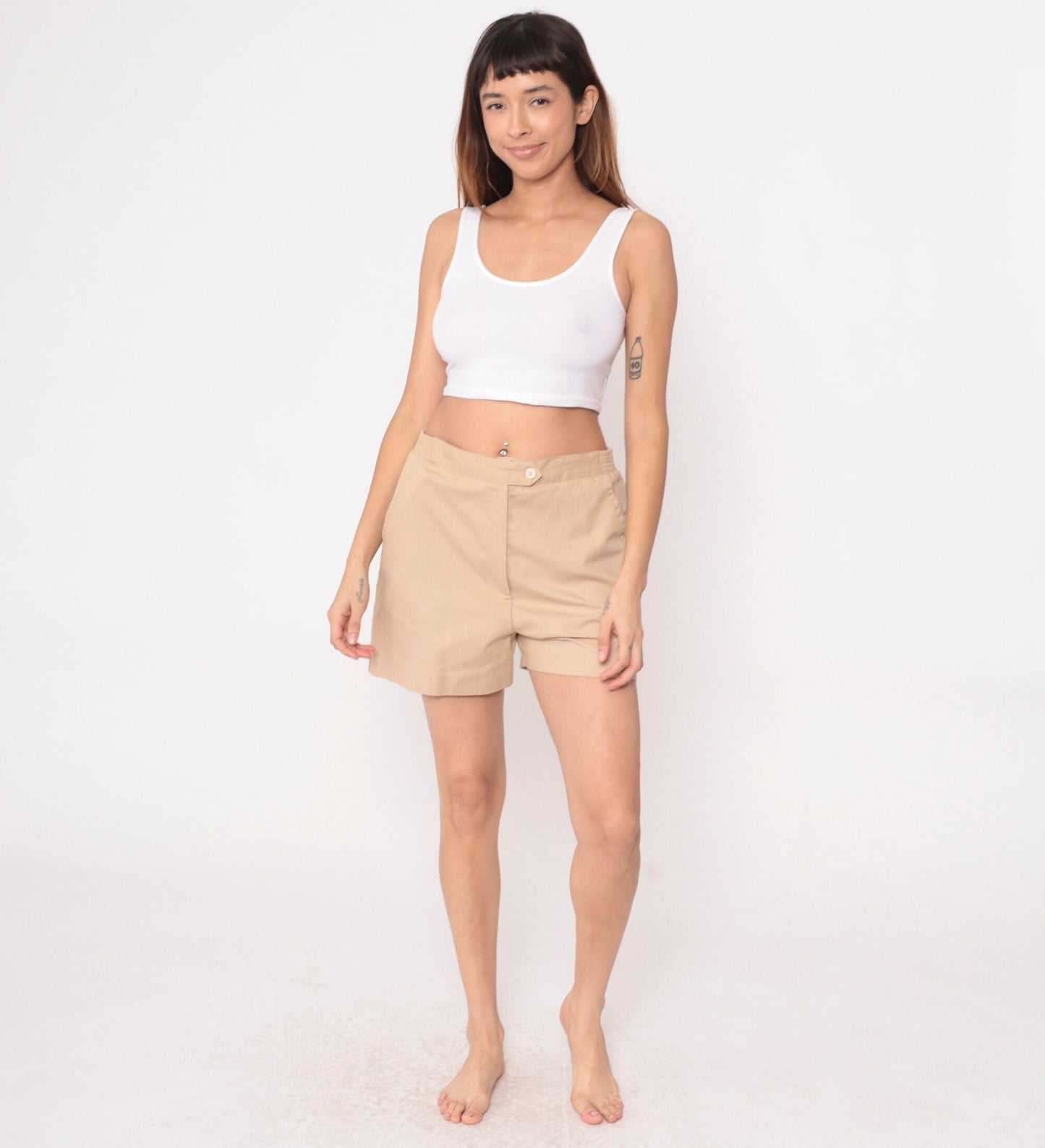 80s Tan High-Waisted Shorts Elastic Waist Cotton Blend Medium