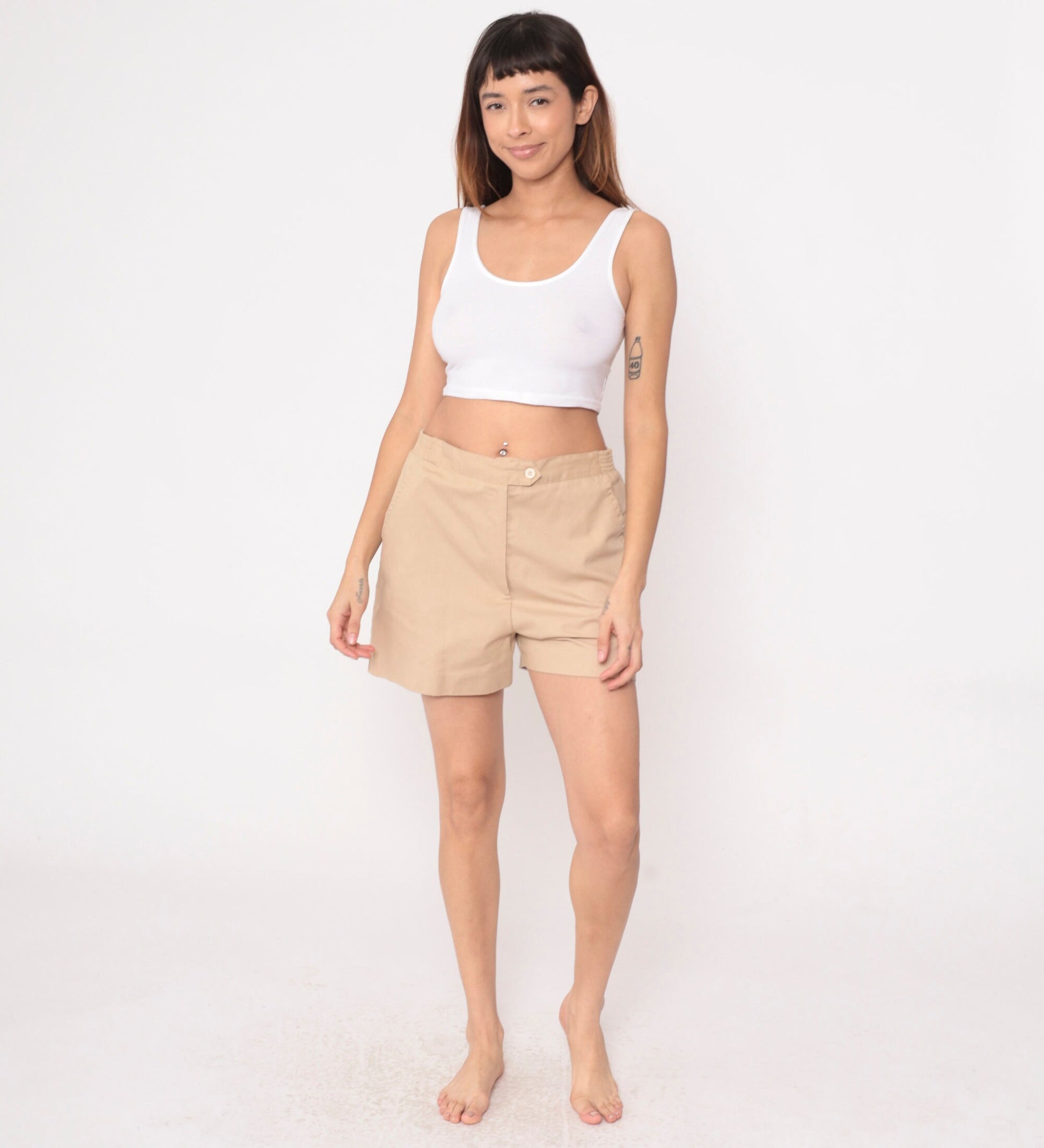 80s Tan High-Waisted Shorts Elastic Waist Cotton Blend Medium