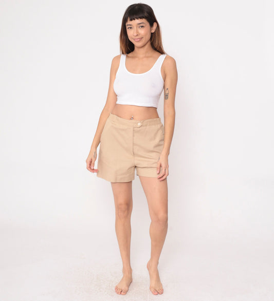80s Tan High-Waisted Shorts Elastic Waist Cotton Blend Medium