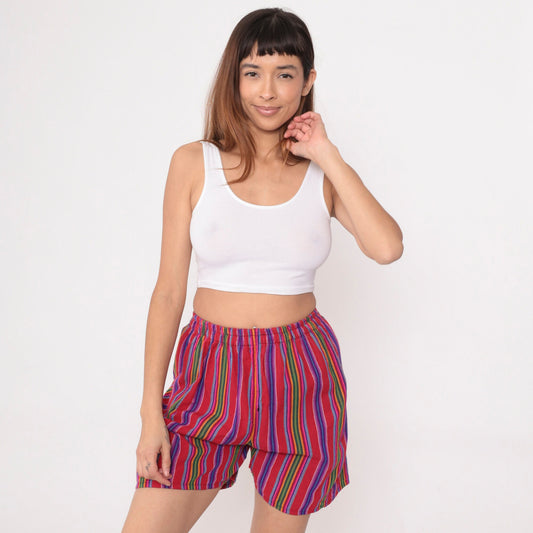 00s Striped Serape Shorts Red Rainbow Elastic Waist Small