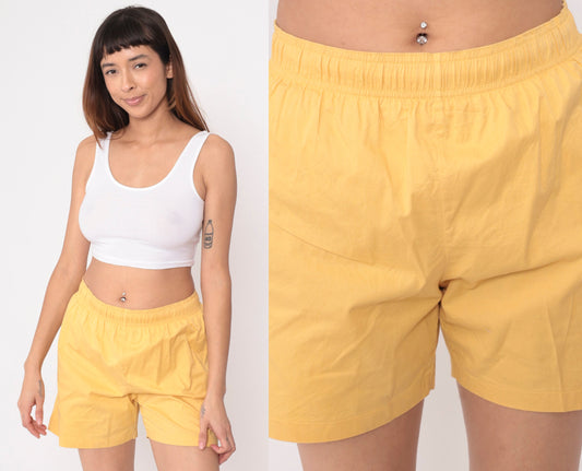 90s Yellow Cotton Swim Shorts Elastic Waist Vintage Small Medium